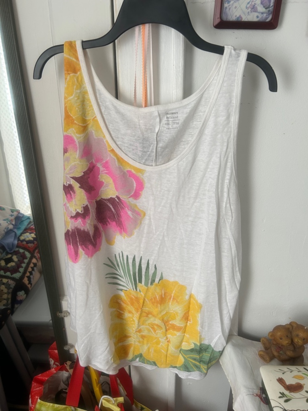 Old Navy White Tank Top with Yellow & Pink Floral Print